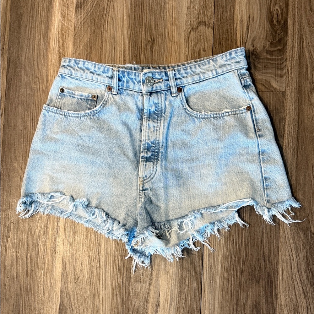 Zara Light Blue Denim Frayed Hem Women's Shorts